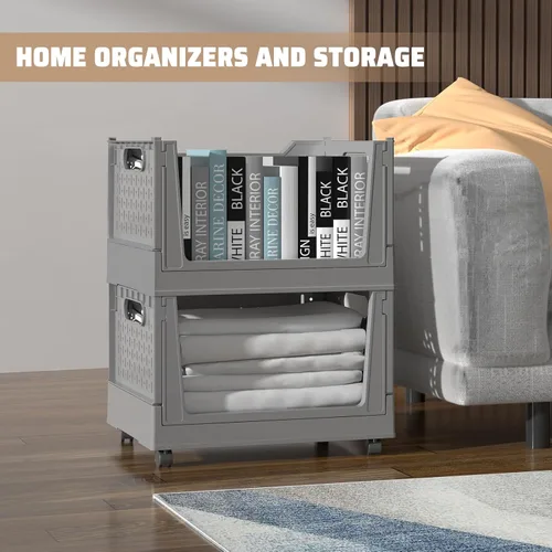 Vista 3 de Stackable Plastic Storage Bins, 3 Pack Foldable Closet Organizers and Storage Basket with Wheels, Collapsible Drawer Shelf Storage Box Container for