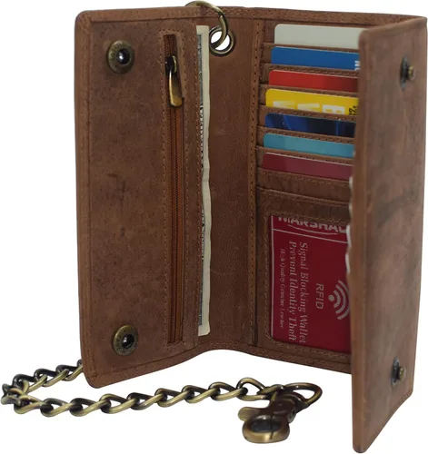 Vista 6 de CAZORO Cartera de cadena de motocicleta de Estados Unidos para hombre, 100% piel auténtica natural, bloqueo RFID triple largo, organizador de dinero