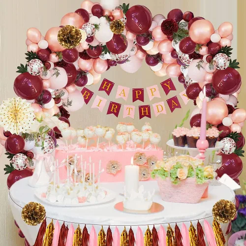 Vista 6 de Decoraciones de cumpleaños para mujer, decoraciones de fiesta de cumpleaños rosa con globos blancos, pancarta de feliz cumpleaños para despedida