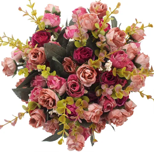 Vista 7 de Duovlo 7 ramas de 21 cabezas de rosas artificiales, ramo de flores artificiales para decoración de boda, hogar, oficina, paquete de 2