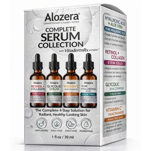 Vista 6 de Alozera Juego de 4 sueros faciales con retinol, colágeno, vitamina C, niacinamida, ácido hialurónico y ácido glicólico, exfoliante, hidratante