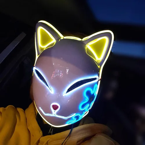 Vista 4 de CAFELE 3 máscaras de zorro de Demon Led Slayer, máscara de Halloween, anime japonés, cosplay, máscaras brillantes para fiesta de fiesta de disfraces