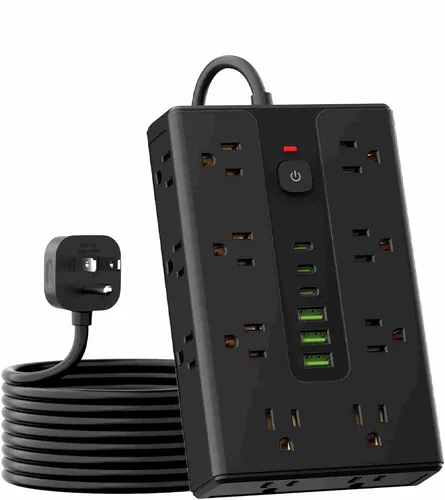 Vista 6 de Protector de sobretensiones de placa de alimentación con 16 enchufes, equipado con 3 puertos USB A y 3 puertos USB C, adecuado para varios