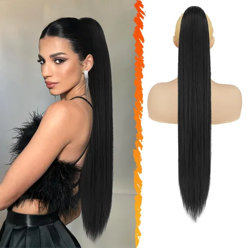 Vista 37 de Barsdar Extensión de cola de caballo marrón oscuro - Extensiones de cola de caballo cortas y rectas de 14 pulgadas con cordón para mujeres