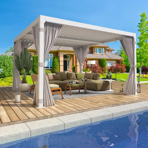 Vista 13 de MELLCOM Pérgola con Persianas – Pérgola de Aluminio de 10 x 10 pies con techo de persianas ajustables y cortinas y redes impermeables