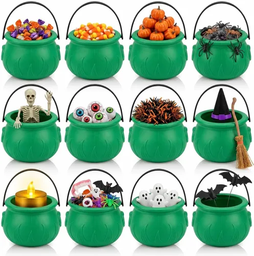 Vista 16 de PMU Caldero de Halloween 6 piezas de 3 pulgadas pequeño de bruja de plástico para caldero negro, para decoración de Halloween