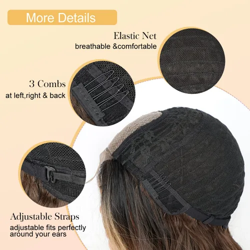 Vista 5 de Halcyon - Peluca sintética ondulada de 26 pulgadas, parte central natural, reflejos marrones 3-row hand-tied parting for realistic scalp