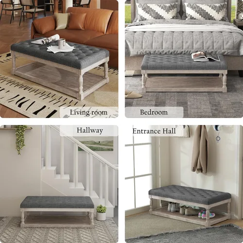 Vista 6 de Mesa de café estilo otomana, otomana grande rectangular con almacenamiento - Banco acolchado tapizado para sala de estar, tela de lino con botones
