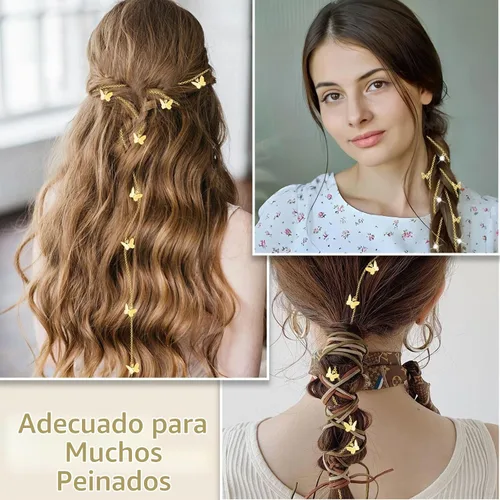 Vista 4 de 4 cadenas trenzadas de cabello de mariposas, joyas para el cabello con diamantes de imitación, pinzas para el cabello de mariposas, accesorios