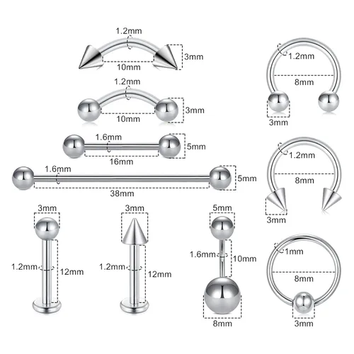 Vista 2 de JIESIBAO Juego de 66-113 piercings mixtos para todos los piercings de acero inoxidable 14G 16G 18G 20G nariz tabique cartílago tragus, aretes