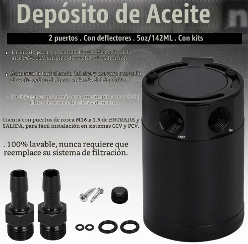Vista 2 de Kit de lata receptora de aceite con deflector, separador de aceite de aluminio universal de 2 puertos, tanque de reservorio