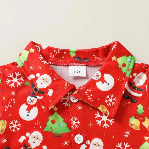 Vista 4 de JEELLIGULAR Conjunto de pantalones cortos y camisa con botones y estampado de Papá Noel para niños pequeños