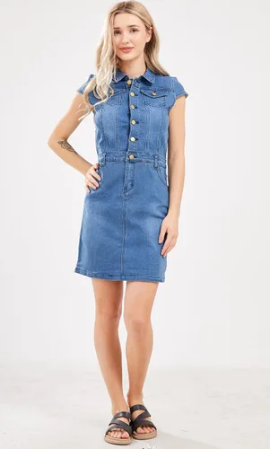 Vista 6 de chouyatou Vestido de mezclilla con solapa de 12 botón para mujer, con manga casquillo