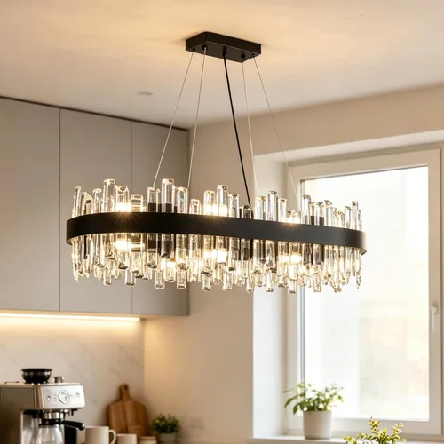 Vista 32 de Siljoy - Candelabro de cristal moderno, 12 luces, lujoso, redondo, de 2 niveles, con cristal K9 en forma de gota de lluvia, lámpara colgante de Oro