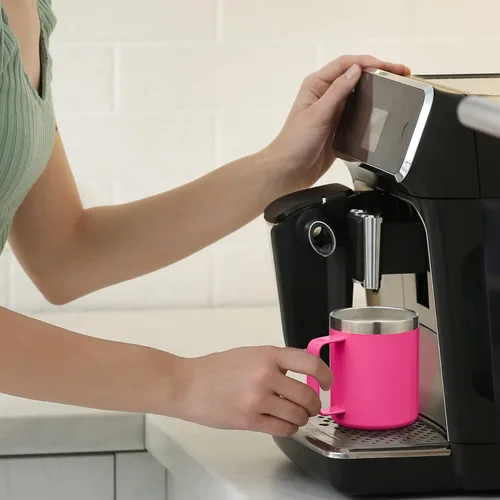Vista 6 de Taza de café aislada de 12 onzas con asa, taza de café de viaje de acero inoxidable con tapa abatible, vaso de café de doble pared con aislamiento