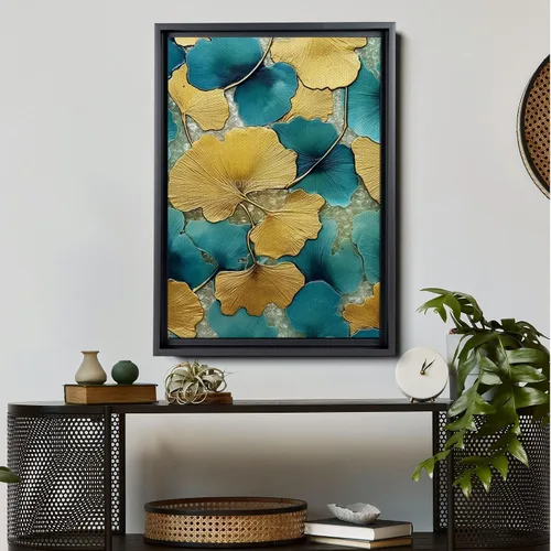 Vista 3 de Gold Turquoise Ginkgo Leaf Print, Captivating Plants Wall Art, Ginkgo Biloba Leaf Print Painting, Embrace the Serenity of Nature