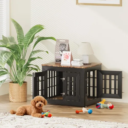 Vista 5 de Snuowu Mueble de jaula de perro resistente de 26 pulgadas para perros pequeños, medianos y grandes, jaula de madera rústica para perros, muebles