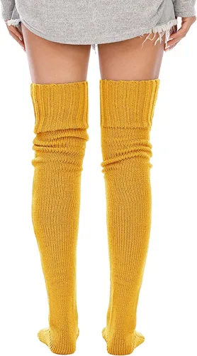 Vista 4 de YELAIVP Calcetines altos de punto trenzado para mujer, calcetines por encima de la rodilla, calentadores de piernas extra largos