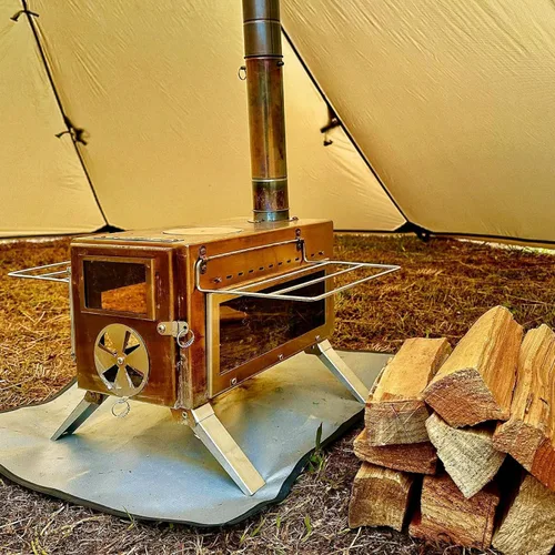 Vista 8 de Estufa de leña portátil Dandelion shell para acampar con vidrio de visualización y función de cocción, 8 chimeneas de acero inoxidable para refugio