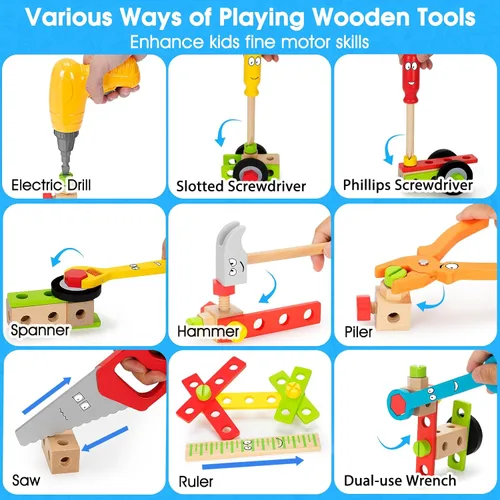 Vista 4 de Set de herramientas para niños con taladro eléctrico, set de 46 piezas de herramientas de madera para jugar para niños pequeños con caja