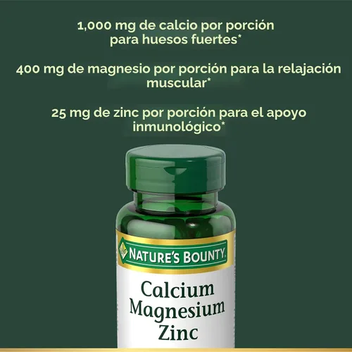 Vista 3 de Nature's Bounty Comprimidos de calcio, magnesio y zinc, salud inmunológica y ósea, suplemento diario, 1000 mg de calcio, 400 mg de magnesio, 600 UI