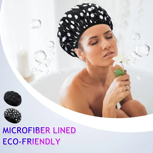 Vista 5 de Geyoga 2 gorros de ducha con forro de rizo para mujer, sombrero de baño grande de triple capa con función de microfibra de cabello seco, gorro