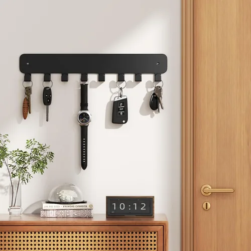 Vista 2 de pickpiff Soporte para llaves de pared, soporte adhesivo para llaves con 8 ganchos para llavero de automóvil, organizador de llavero de metal, negro