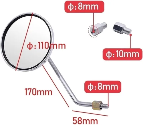 Vista 2 de Espejos laterales retrovisor de motocicleta de 0.315 in y 0.394 in, espejo lateral redondo plateado para Yamaha MT03 MT25 YBR 125 YZF R15 XT660 TMAX