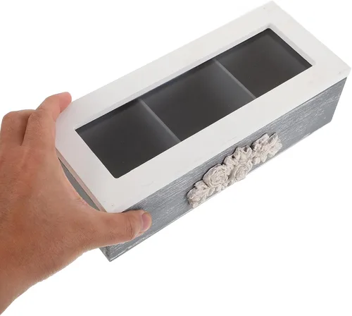 Vista 3 de BESTYASH Cofre de té de madera organizador 3 compartimentos con tapa y Acabado blanco, almacenamiento decorativo versátil para paquetes de café
