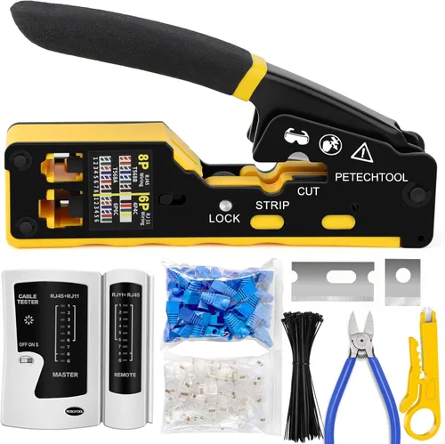 Vista 7 de Kit de herramientas de crimpado RJ45, herramienta de crimpado Ethernet, cortador de pelacables para conectores Cat5e Cat6 Cat6a Pass Thrugh con 10