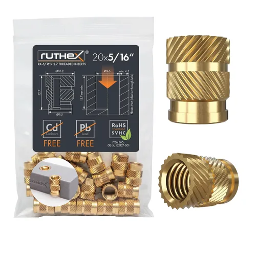 Vista 13 de Ruthex 1/4" Insertos Roscados Cortos - 20 Piezas RX-1/4“-20x6.4 Inserto de Ajuste Térmico de Latón para Partes de Plástico - Pulgadas Tuercas