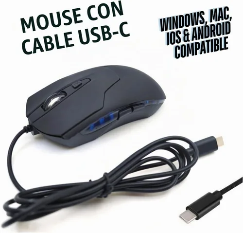 Vista 2 de CBUS Ratón USB C con cable, mouse de computadora de clic silencioso de 6 botones, 4 velocidades DPI, ergonómico, retroiluminación LED, compatible