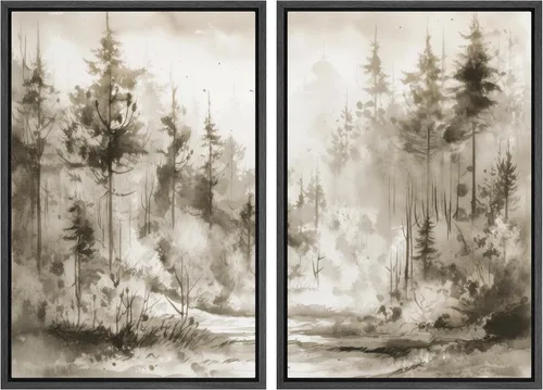Vista 32 de MUDECOR Lienzo enmarcado para pared, bosque brumoso, reflejos, paisaje tranquilo, ilustraciones modernas, arte decorativo, bohemio, tranquilo/zen