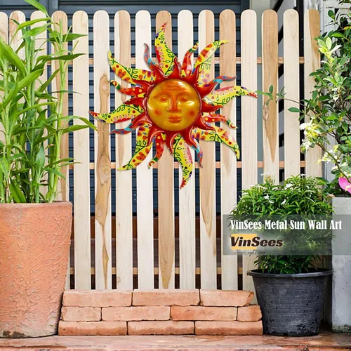 Vista 2 de Decoración de pared de sol de metal de 19 pulgadas, decoración de pared de sol de metal 3D de doble capa y vidrio para exteriores e interiores