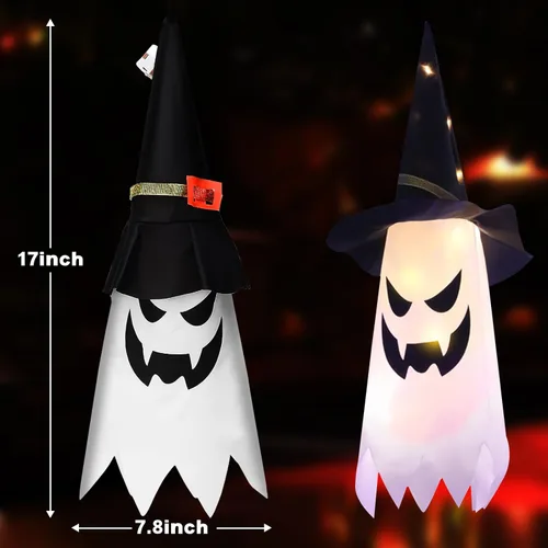 Vista 3 de Decoraciones de Halloween, sombrero de bruja fantasma brillante, cadena de luces de Halloween, decoración colgante para interiores y exteriores