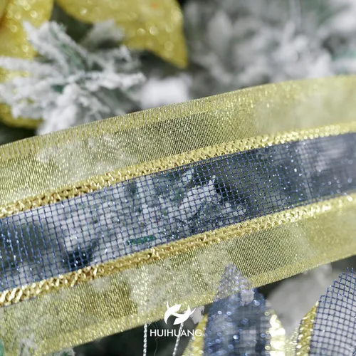 Vista 7 de HUIHUANG Cinta con Alambre Azul Marino y Dorado de 2.5 Pulgadas, Dorado Metálico con Cinta de Malla de Purpurina Dorada para Decoraciones de Árboles