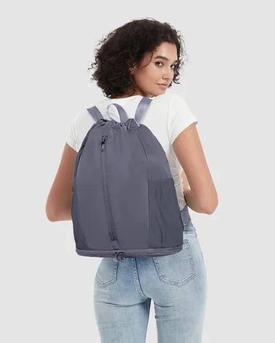 Vista 3 de sportsnew Mochila deportiva con cordón y compartimento para zapatos, mochila con cordón para mujeres y hombres, patente pendiente, Gris, Classic
