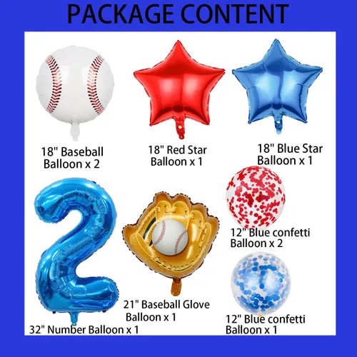 Vista 2 de Globos de béisbol de papel de aluminio para decoración de cumpleaños, globos con el número 2, globos de confeti de estrella roja y azul