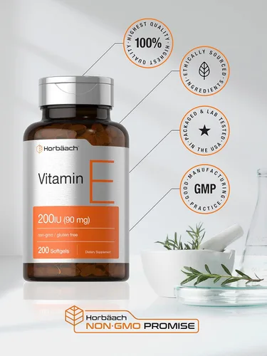 Vista 5 de Horbäach Vitamina E Softgel Cápsulas 200 UI Suplemento de 90 mg 200 unidades Fórmula sin OMG y sin gluten