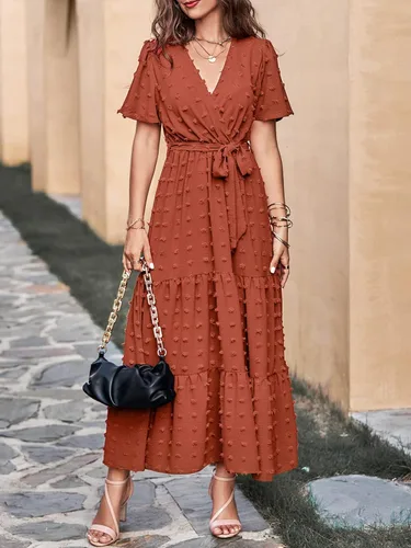 Vista 8 de MASCOMODA Vestidos largos bohemios de lunares suizos para mujer, cuello en V, manga corta, lazo en la cintura, línea A, vestidos largos fluidos