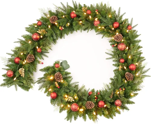 Vista 7 de Guirnalda de Navidad preencendida de 9 pies con bayas y bolas doradas, piña, flor dorada y 50 luces LED blancas suaves que funcionan