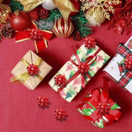 Vista 5 de 100 mini lazos de regalo de Navidad, lazo de regalo de estrella metálica Rojo-100 piezas