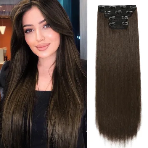 Vista 25 de REECHO - Juego de 4 extensiones de cabello sintético con clip de 12 pulgadas, 14 pulgadas y 16 pulgadas, lacio, largo y grueso, marrón oscuro