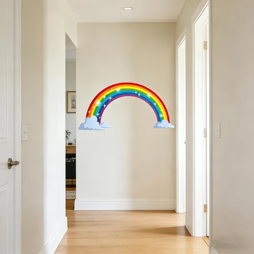 Vista 5 de Calcomanías de pared de arco iris con nubes, calcomanías de pared extraíbles para niños, guardería, dormitorio, sala de estar, decoración de pared