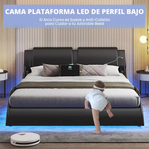 Vista 3 de DICTAC - Marco de cama Queen con luces LED y puertos de carga, cama moderna tapizada tamaño Queen con cabecera, marco de cama de plataforma