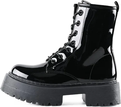 Vista 3 de READYSALTED Botines negros de tacón bajo con plataforma gruesa para mujer llave