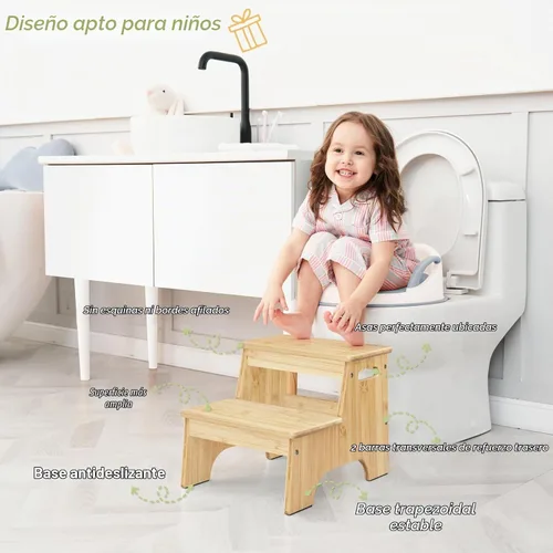 Vista 3 de Forbena Taburete de Baño de Madera para Niños Pequeños, Taburete Resistente de 2 Escalones para Niños para Lavabo de Baño Encimera de Cocina, Madera