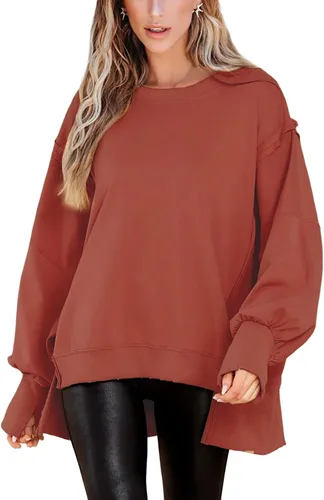 Vista 2 de BWQ Sudadera de gran tamaño para mujer, cuello redondo, manga larga, sin botones