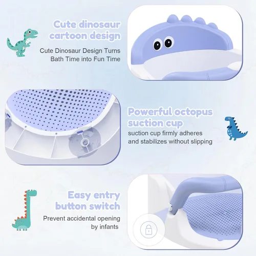 Vista 5 de Asiento de baño para bebés de 6 meses en adelante sentados, silla de baño antideslizante con ventosa, seguro y cómodo asiento de baño infantil Azul