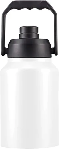 Vista 8 de Botella de agua aislada al vacío de boca ancha de 64 onzas, 128 onzas, con asa, cubo de hielo de acero inoxidable, taza de viaje, gran cantimplora